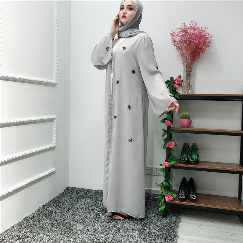 Women's Simple Embroidered Cardigan Robe Dress Headscarf