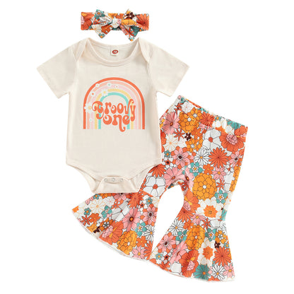 Girls' Rainbow Flower Romper Bell-bottom Pants Headscarf Three-piece Set