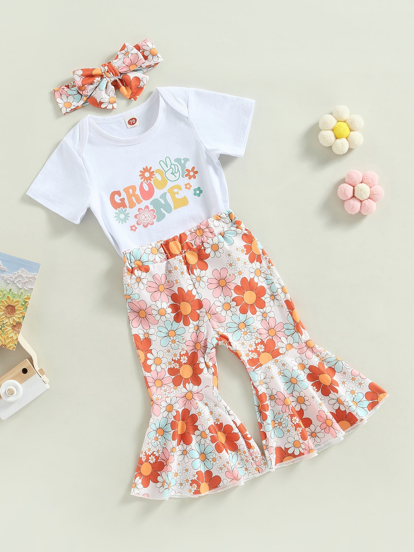 Girls' Rainbow Flower Romper Bell-bottom Pants Headscarf Three-piece Set