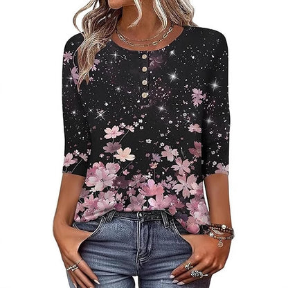 Printed 34 Sleeves Button Women's T-shirt