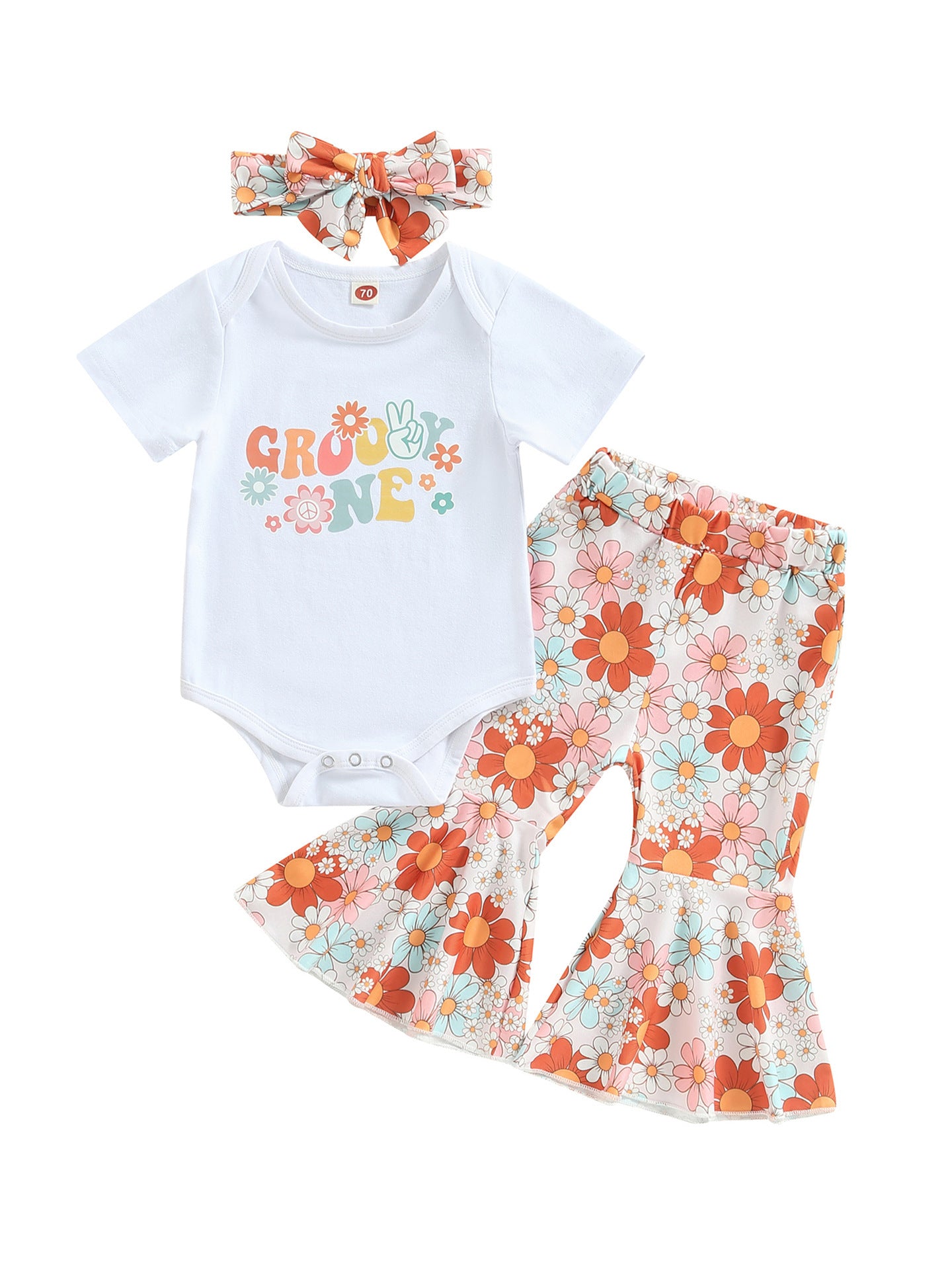 Girls' Rainbow Flower Romper Bell-bottom Pants Headscarf Three-piece Set