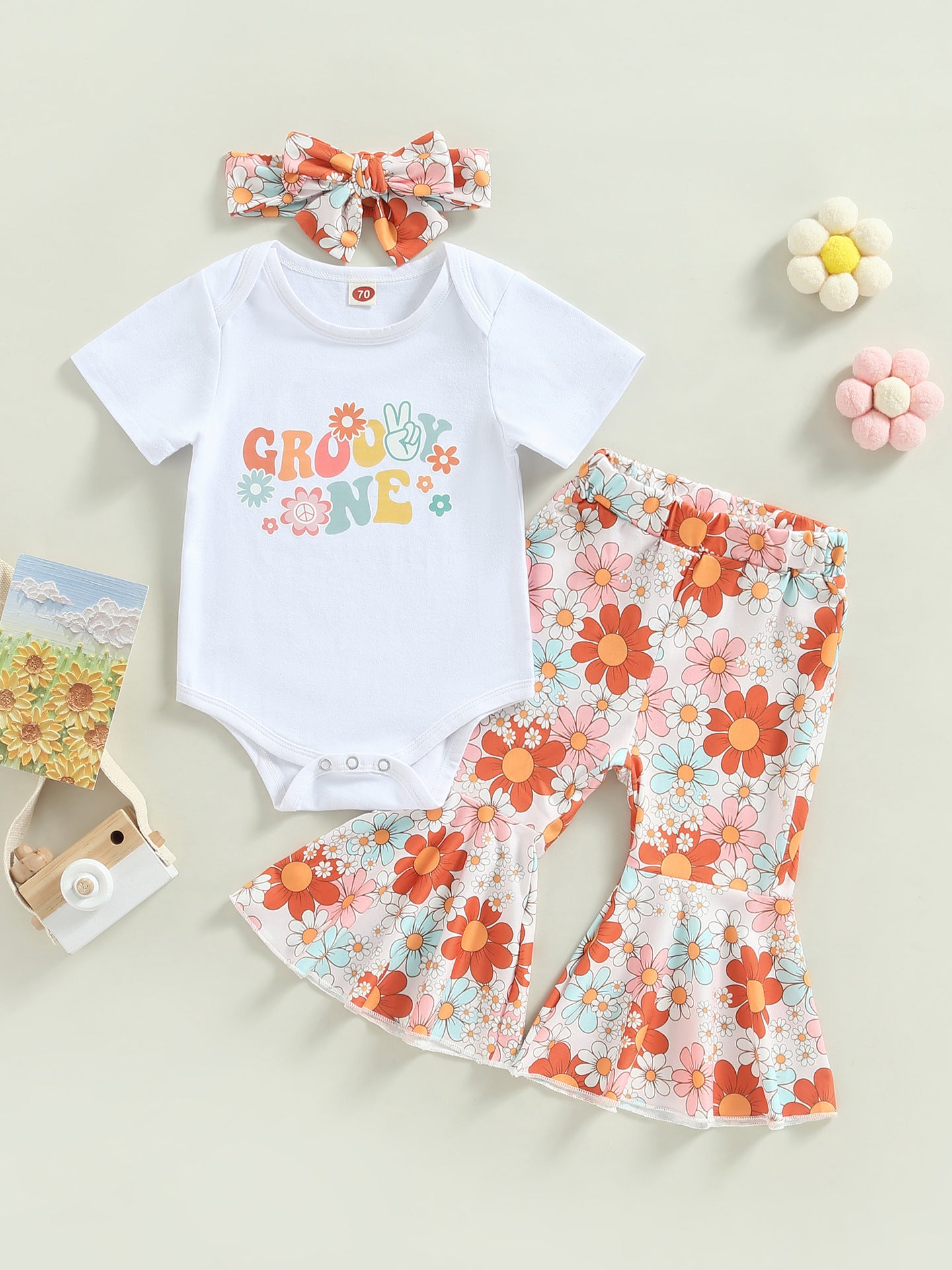 Girls' Rainbow Flower Romper Bell-bottom Pants Headscarf Three-piece Set