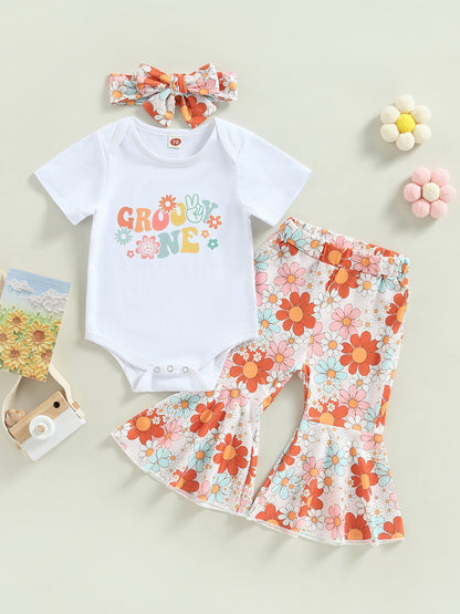 Girls' Rainbow Flower Romper Bell-bottom Pants Headscarf Three-piece Set