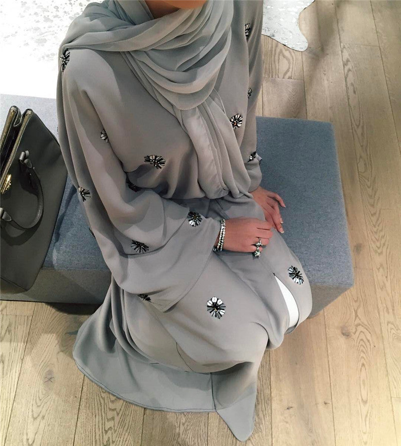 Women's Simple Embroidered Cardigan Robe Dress Headscarf