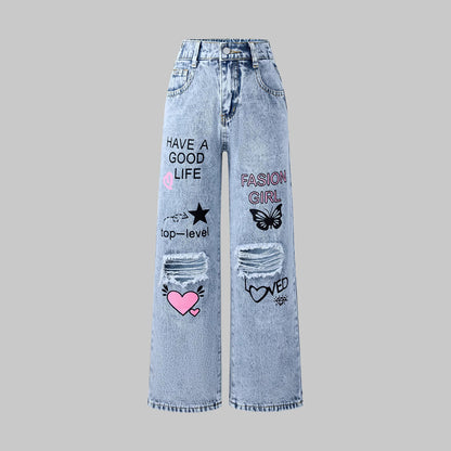 Snowflake Water Washed Hole Printed Wide-leg Jeans